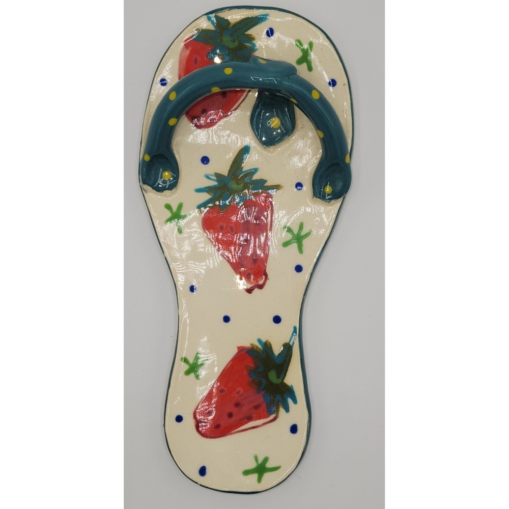 MAGGIE RULEY Signed Key West Ceramic Art Pottery Flip Flop Plaque  Strawberry